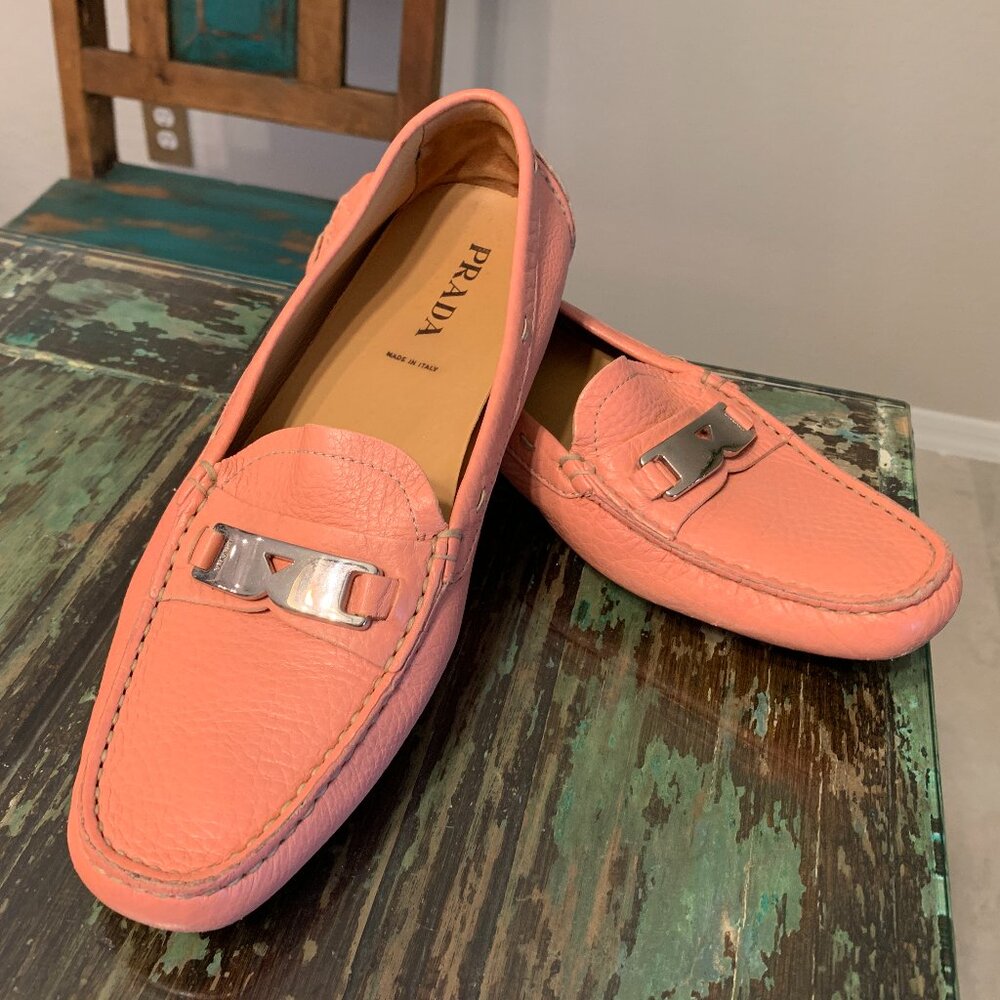 Prada Coral Pink Leather Loafers with Silver Hardware – Made in Italy – Size 8